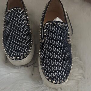 Christian Louboutin Navy and Silver Spiked Loafers